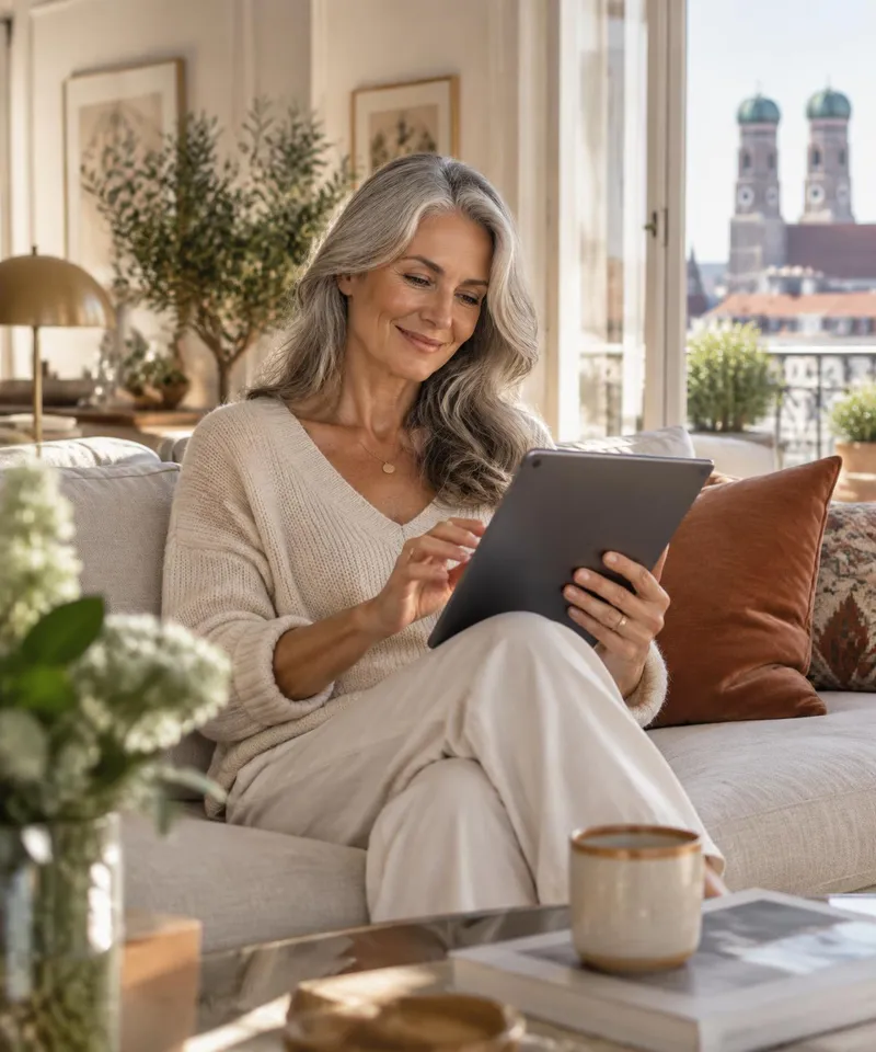 Eine Frau sitzt entspannt auf dem Sofa und probiert etwas auf ihrem Tablet aus
